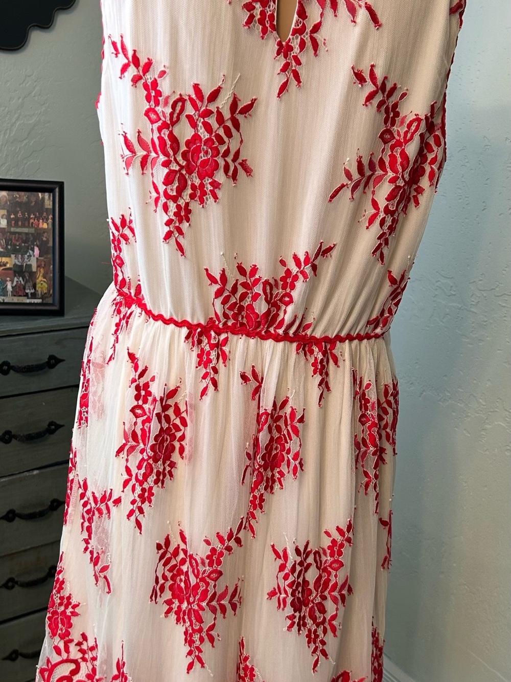 Chelsea & Violet White Dress with Red Floral Embroidery size L